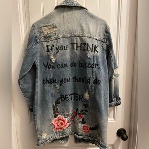 Beautiful embroidery distressed long jean jacket